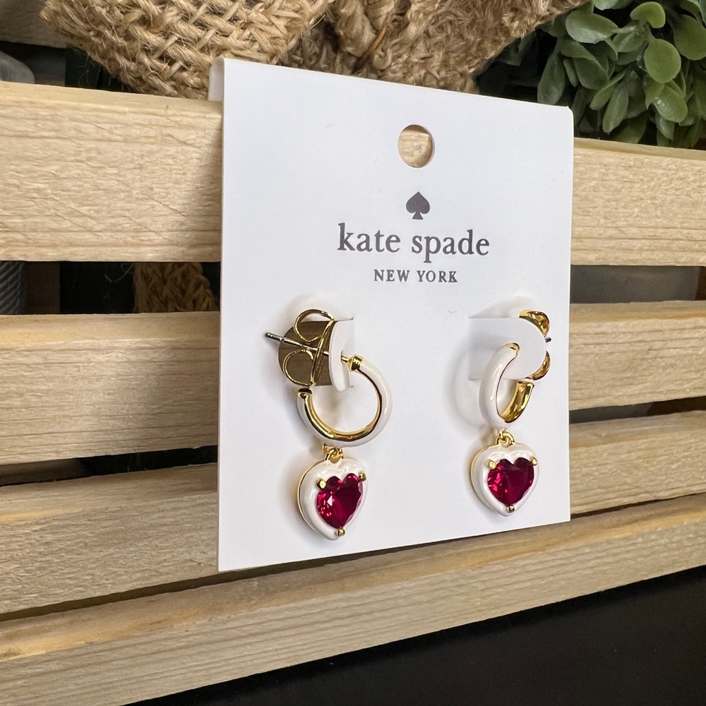 Kate Spade White/Red Heart Huggie Hoop Earrings - Picture 4 of 4
